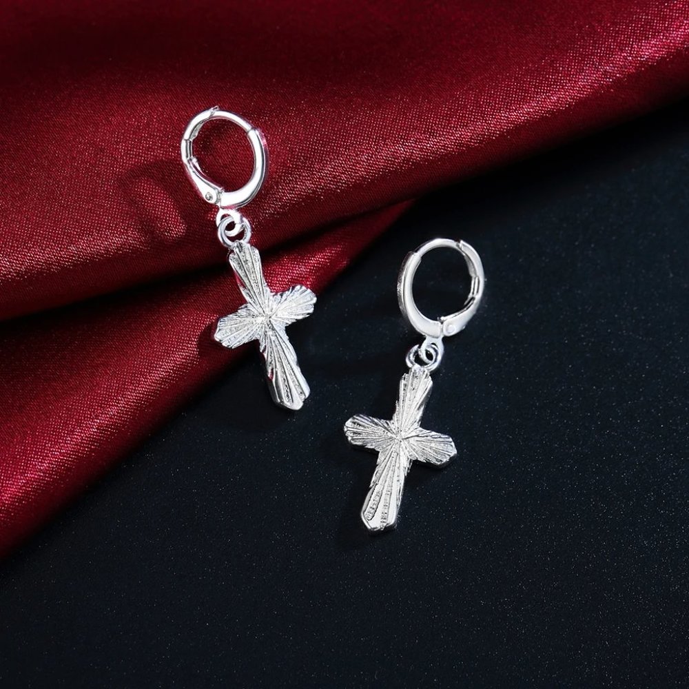 Gorgeous Sunburst Cross Hanging Earring's 925 Solid Sterling Silver - Picture 2 of 6